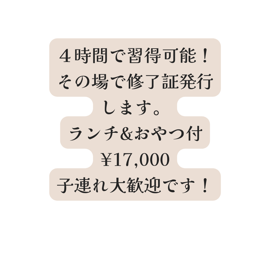 ４時間で習得可能 その場で修了証発行 します ランチ おやつ付 17 000 子連れ大歓迎です